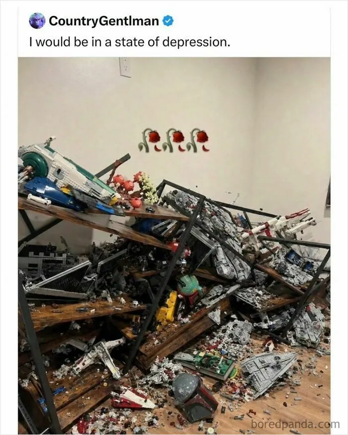 A collapsed display shelf filled with broken Star Wars Lego sets featured in funny and random posts