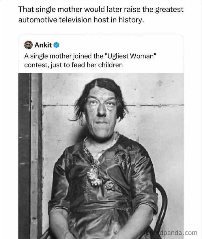 Funny post showing a vintage photo meme about a single mother in a contest.