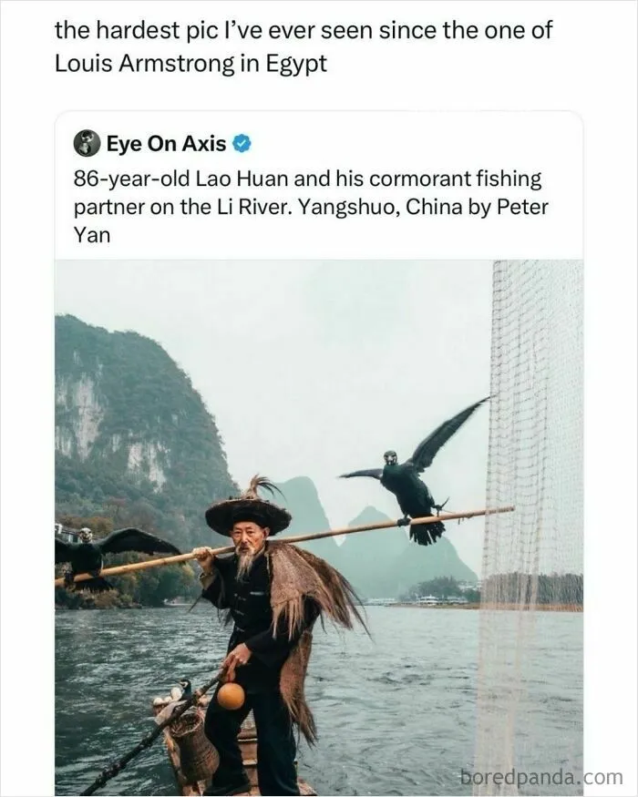 Random post showing fisherman Lao Huan on a boat with cormorant birds in China.