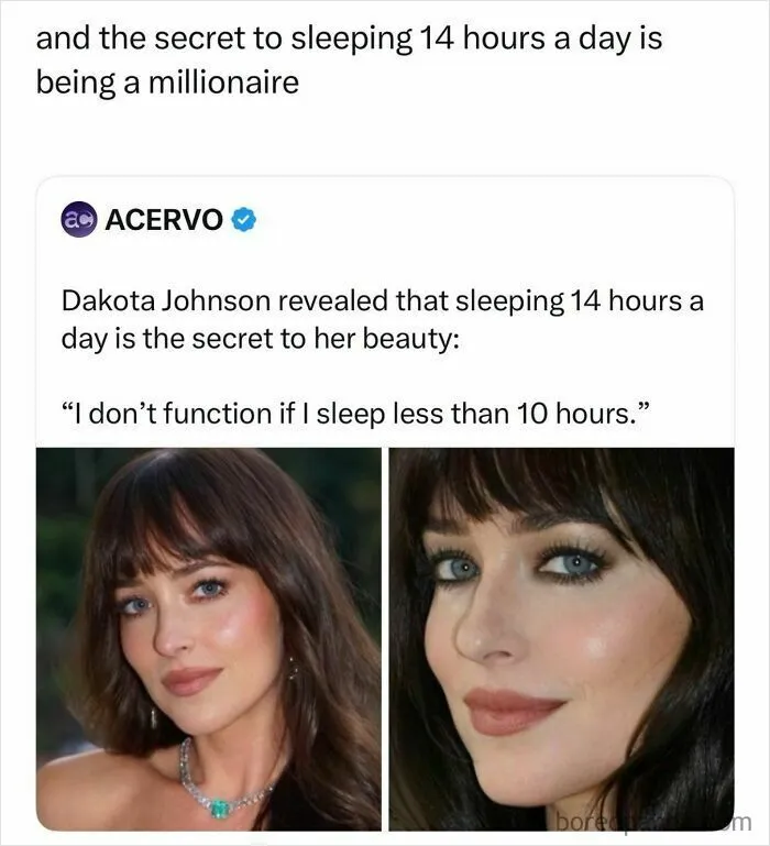 Funny and random posts screenshot about Dakota Johnson sleeping 14 hours a day with two headshots of her.