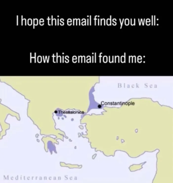 History meme showing Byzantine Empire map humor with Constantinople and Thessalonica