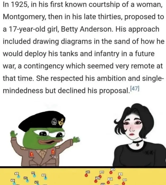 Historical meme about Montgomery's 1925 courtship involving military plans