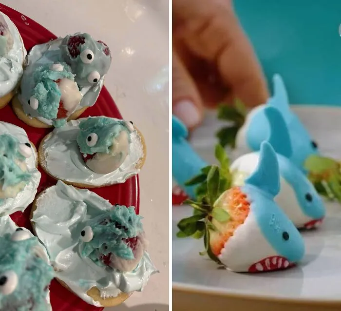 A creative baking fail featuring cookies topped with light blue frosting and candy eyes.