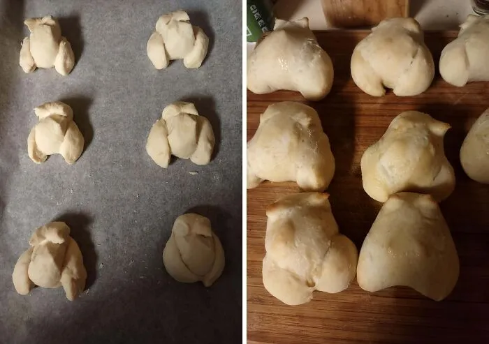 Raw dough shapes arranged on parchment paper showing a funny baking fail attempt.