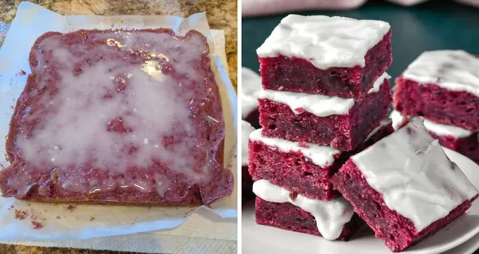 Flat purple cake sheet covered in runny white glaze representing a baking fail