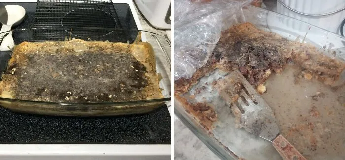 Burned liquid in glass baking dish demonstrating baking fail on stovetop