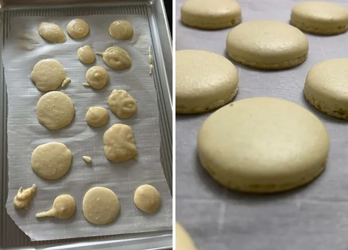 Unbaked macarons on a baking sheet illustrating a baking fail.