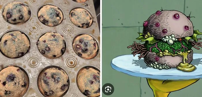 A bakingfail muffin tin filled with blueberry muffins coated in tan powder after baking.
