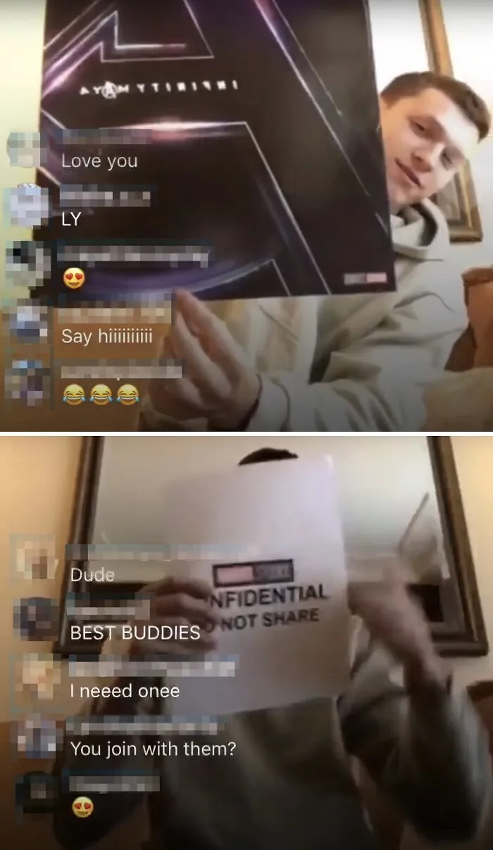 Live stream screenshot showing Tom Holland accidentally revealing confidential movie materials.