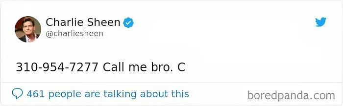 A tweet by Charlie Sheen publicly posting a phone number, exemplifying a famous celebrity social media fail.