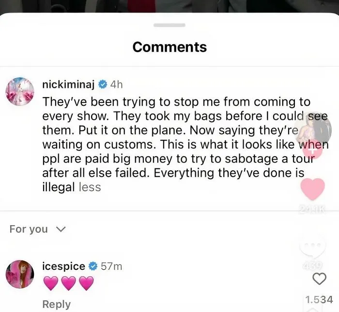 Nicki Minaj post about tour sabotage with Ice Spice comment, highlighting celebrity social media fails.