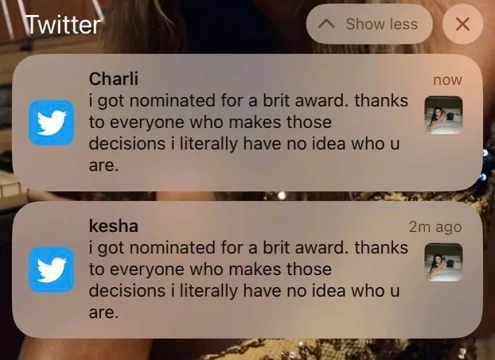 Identical tweets from Charli XCX and Kesha about Brit Awards, showing celebrity social media fails.