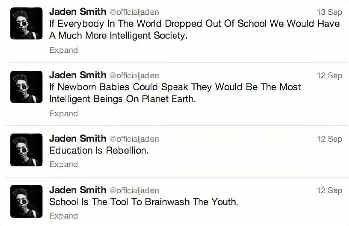 A series of bizarre tweets by Jaden Smith showcasing famous celebrity social media fails.