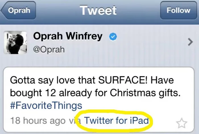 Oprah Winfrey tweeting about Microsoft Surface from an iPad, demonstrating a celebrity social media fail.