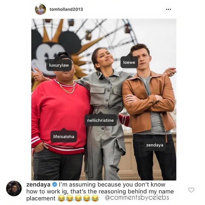 Instagram post showing an awkward tag placement in a celebrity social media fail featuring Tom Holland and Zendaya.