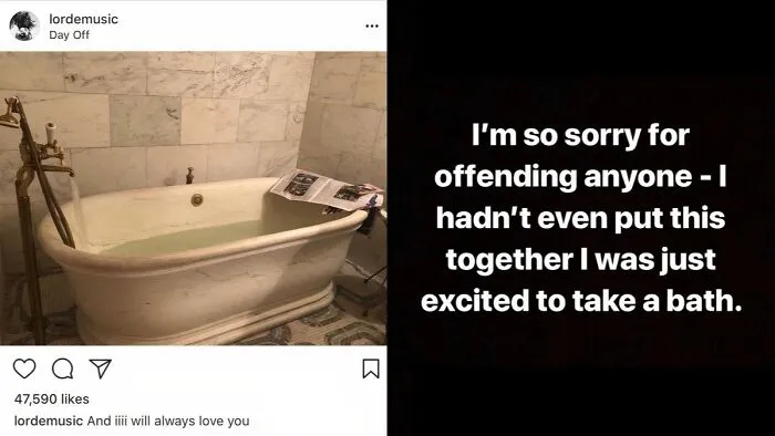 Lorde's bathtub photo and apology post, remembered as a notable celebrity social media fail.