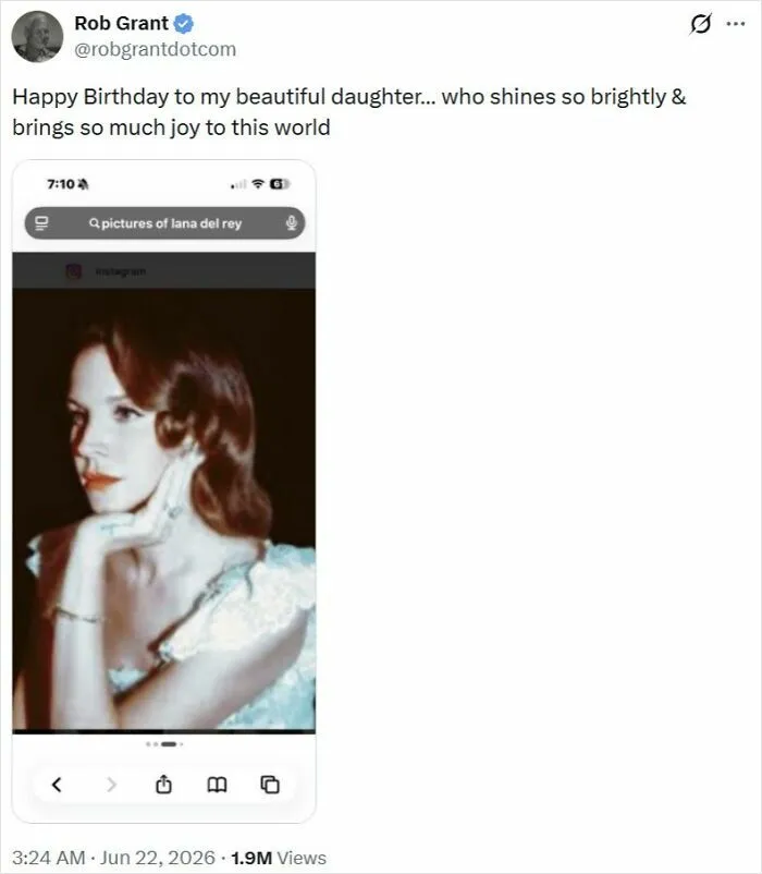 Screenshot of Rob Grant's tweet wishing his daughter happy birthday, showing a celebrity social media fail.