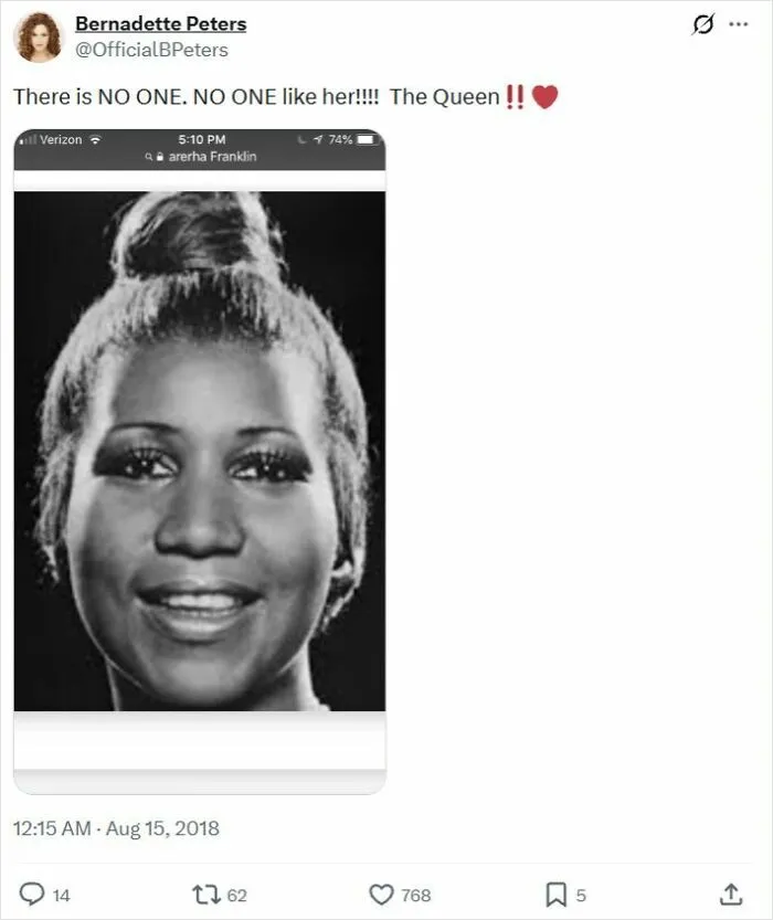 Bernadette Peters tweet with a misspelled search for Aretha Franklin, a celebrity social media fail.
