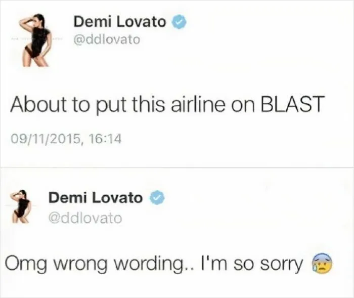 Demi Lovato tweeting poor choice of words about an airline on September 11, a major celebrity social media fail.