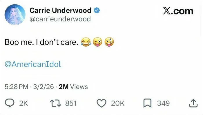 A post by Carrie Underwood saying Boo me. I don't care, an example of celebrity social media fails.