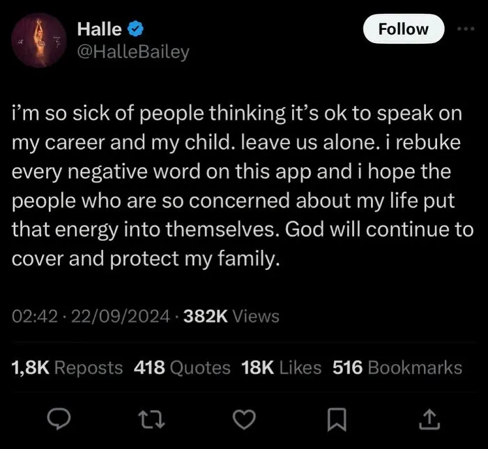 A viral tweet from Halle Bailey reflecting notable celebrity social media fails.