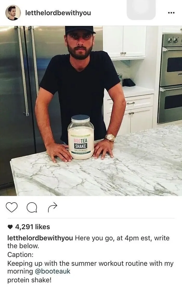 Scott Disick accidentally copying instructions in an Instagram ad, showing a celebrity social media fail.
