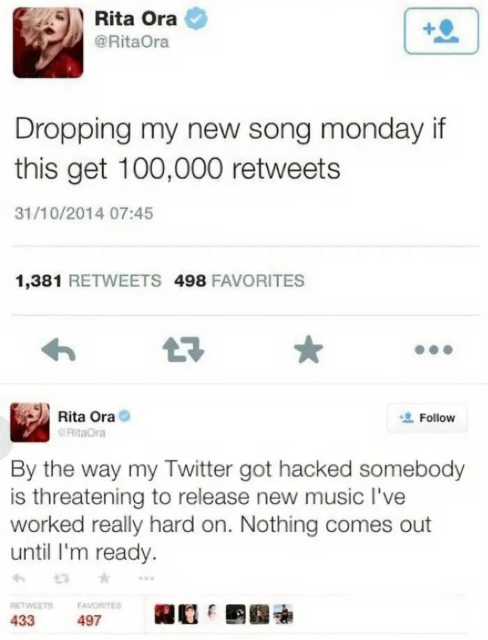 Tweets from Rita Ora about retweets and being hacked, featured in celebrity social media fails.