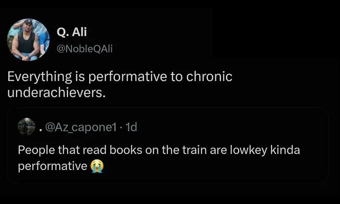 Performative behavior called out in response to reading books on the train in funny Twitter exchange