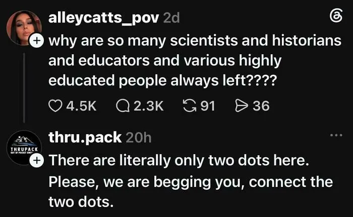 Comment on scientists, historians, educators always being left leaning