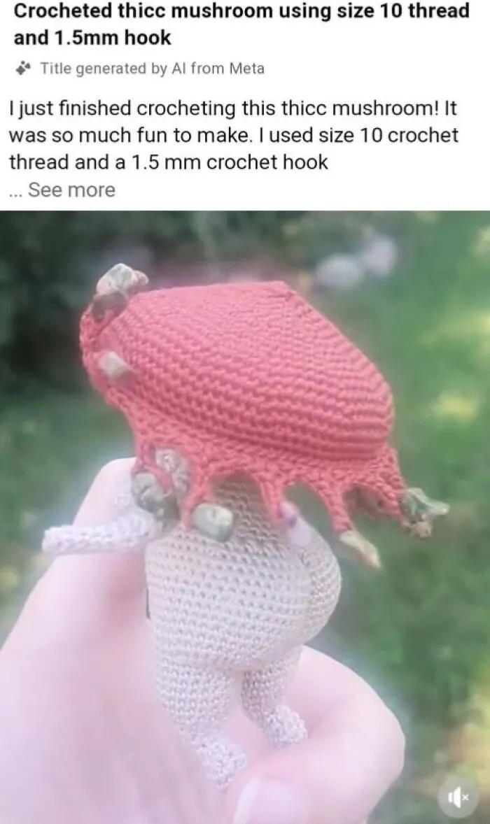 A small crocheted mushroom with legs and a butt, a hilariously strange craft project.