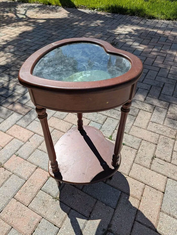 Heart-shaped wooden side table with glass top found dumpster diving