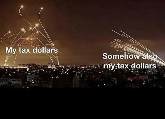Nighttime image with text labeling paths of tax dollars in a conflict zone