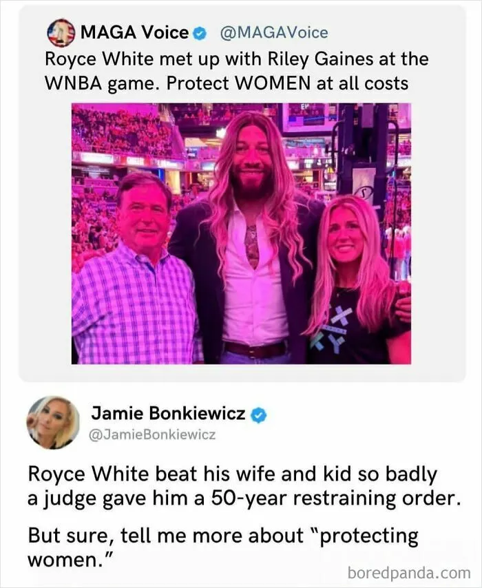 Tweet criticizing Royce White meeting Riley Gaines with claim about domestic abuse and protecting women