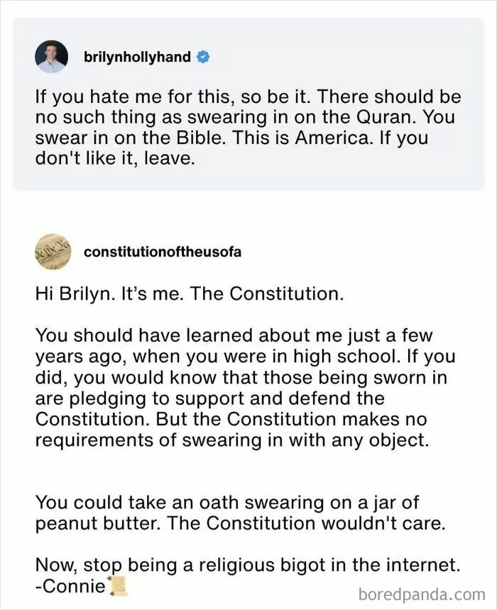 Tweet defending swearing in on the Bible with Constitution's reply on oath requirements