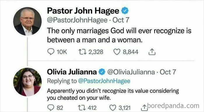 Response mocking marriage comments on Twitter involving Pastor John Hagee
