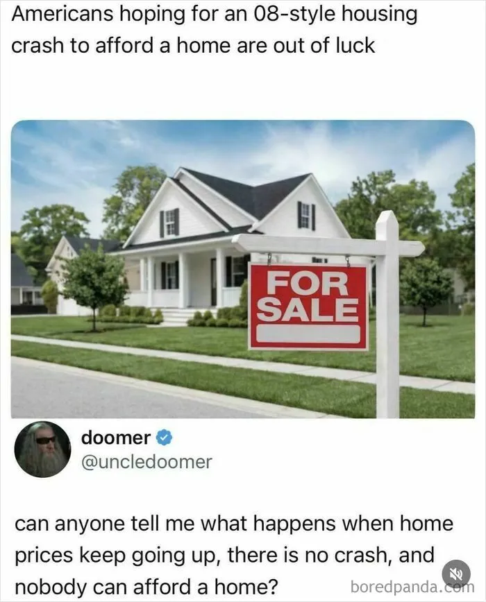 Tweet on Americans hoping for housing crash with home for sale sign on suburban house