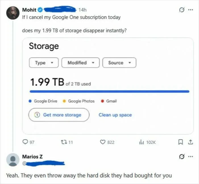 Twitter user questions Google One storage cancellation and response explains data handling.