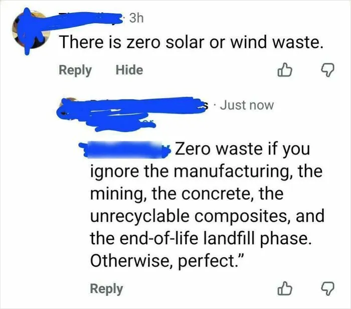 Commenters debate the true environmental impact of solar and wind energy waste.