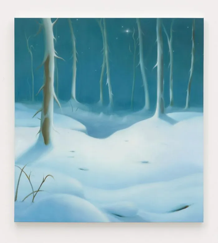 Snow-covered forest with glowing trees and starry sky by Sarah Lee