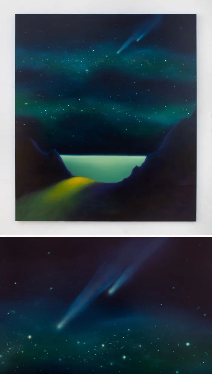 Northern lights over lake with mountain silhouette art by Sarah Lee