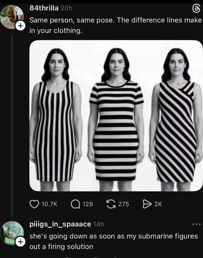 Woman in three black and white striped dresses showing how stripes affect perception of body shape