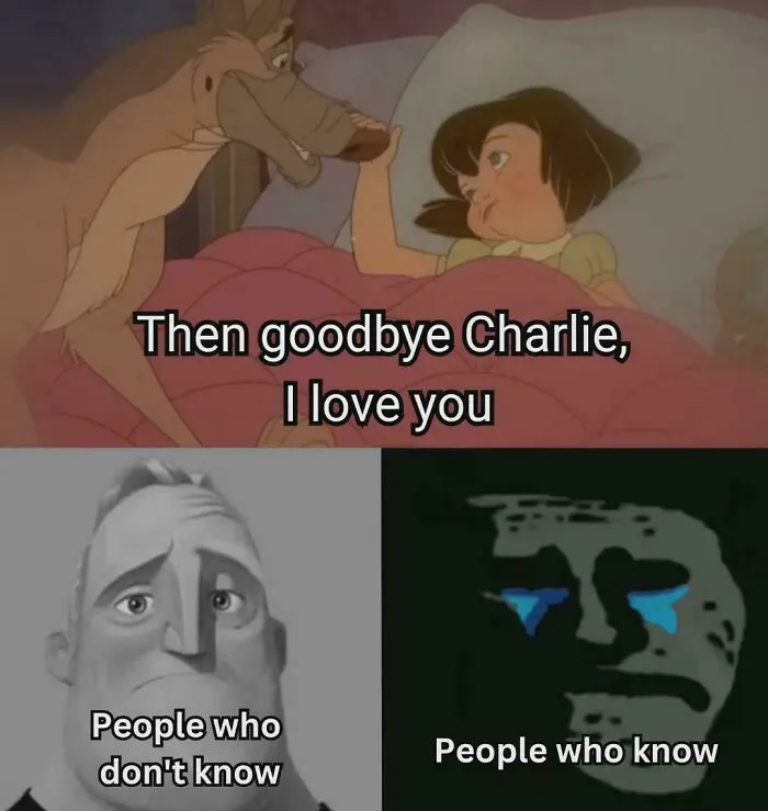 Cartoon farewell scene with sad and knowing people meme