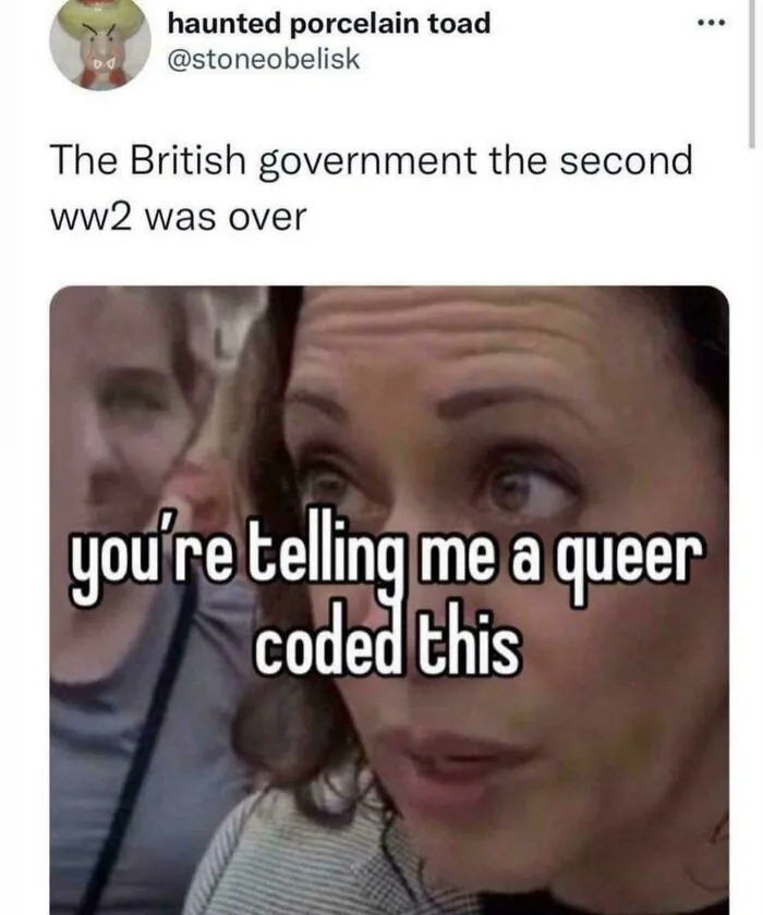 Close-up of surprised woman reacting to British government queer coding after World War II