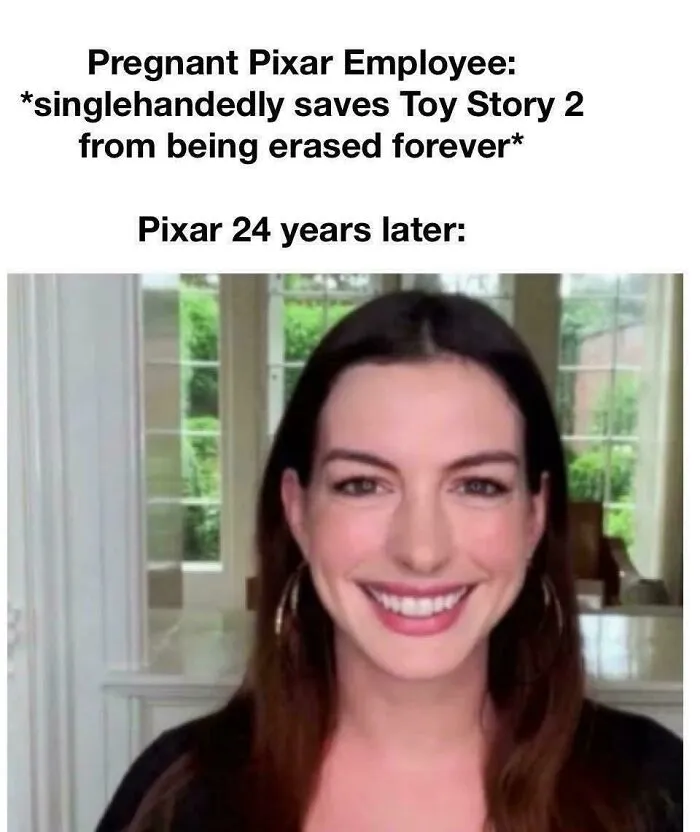 Meme about Pixar employee saving Toy Story 2 with Anne Hathaway's face