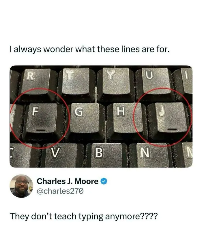 Keyboard keys F and J with lines and typing joke
