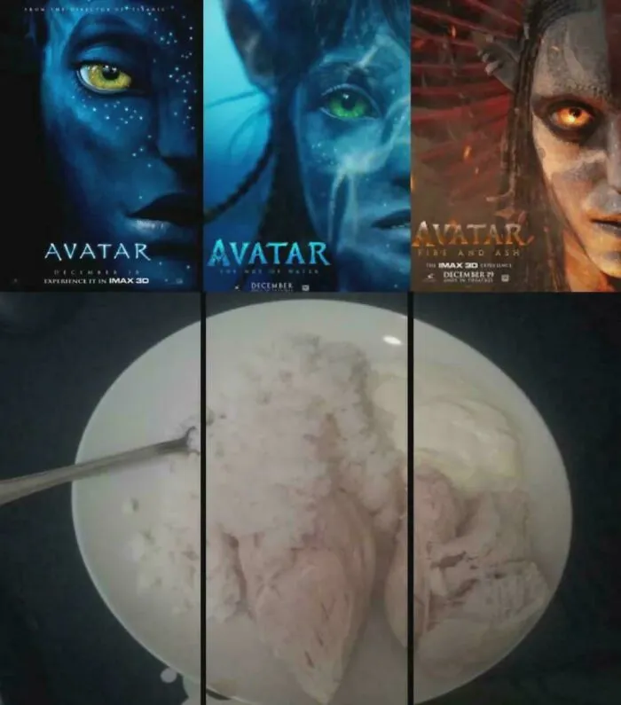 Funny comparison of Avatar movie posters with ice cream scoops in a bowl.