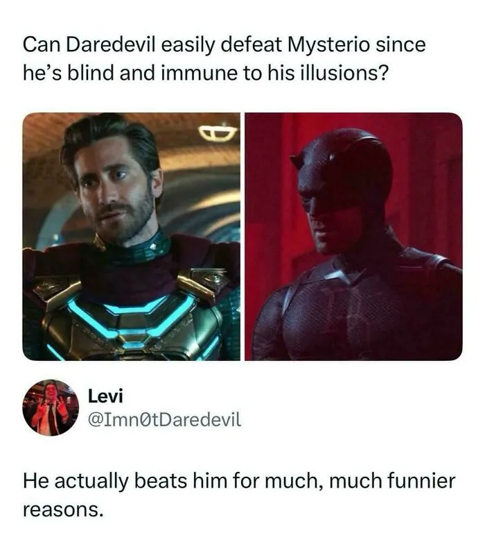 Daredevil meme about defeating Mysterio with funny reasons, featuring superhero images.