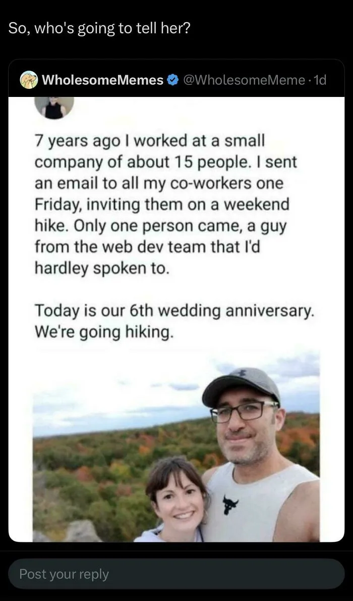 Screenshot of tweet about work email leading to a wedding anniversary hike