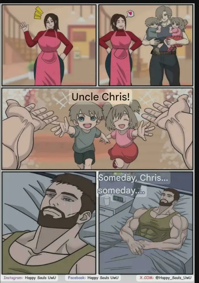 Comic panels showing muscular man thinking about children calling him uncle Chris