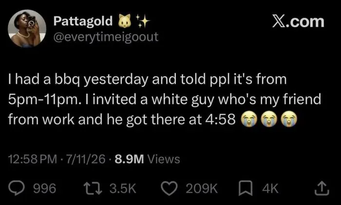 Tweet about someone arriving early to a BBQ event showing missed joke timing